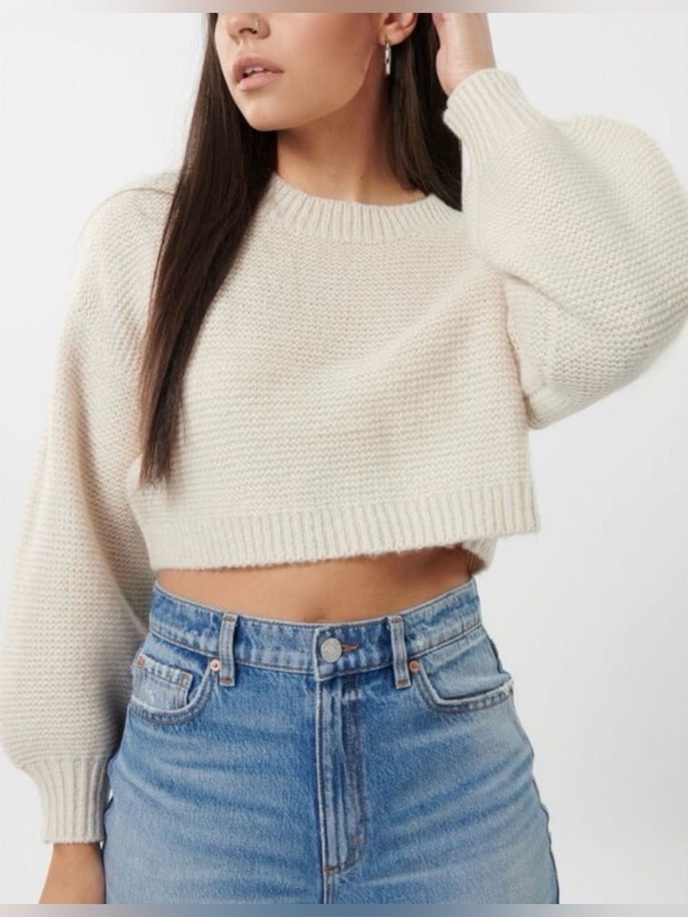 Cropped Knit Balloon Sleeve Sweater